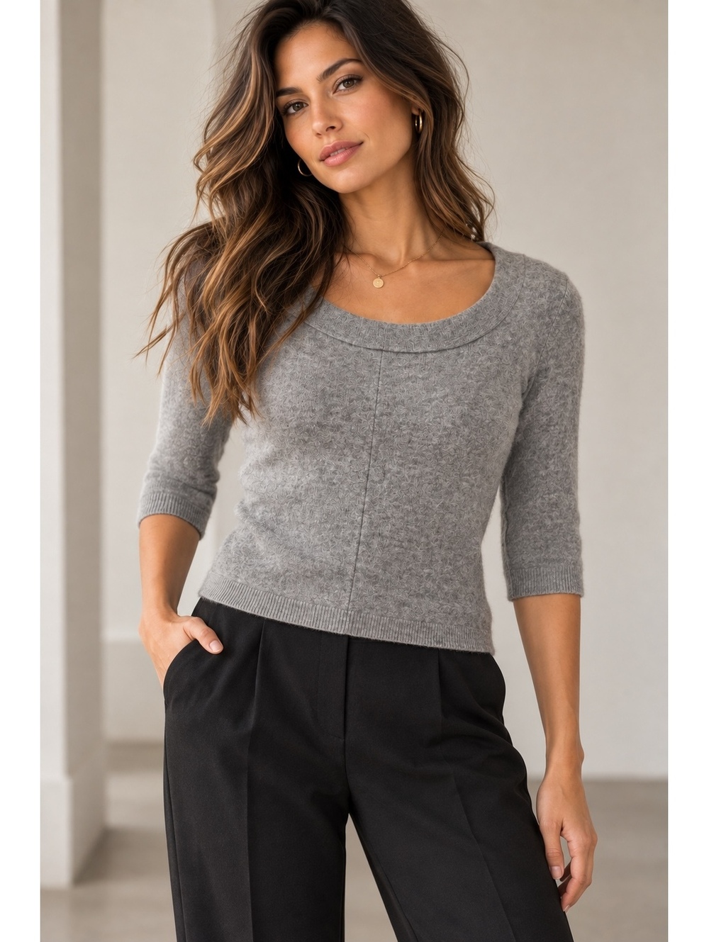 Vertical Design 100% Cashmere Gray Sweater with 3/4 Sleeves